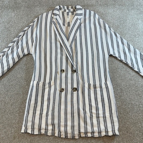 Pilcro Anthropologie Linen Blend Striped Double Breasted Blazer Jacket XS Cream - Picture 4 of 13
